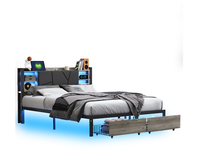 cama, led, usb, cama para adolescentes, cama doble, cajones 140x214 Negro