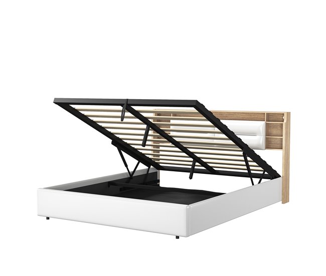 Cama tapizada doble juvenil con LED y almacenamiento hidráulico Blanco