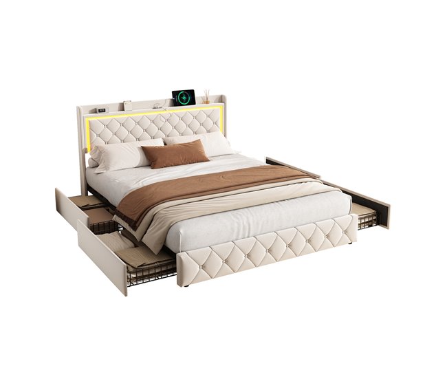Cama LED, puertos USB, elevación gas Beige