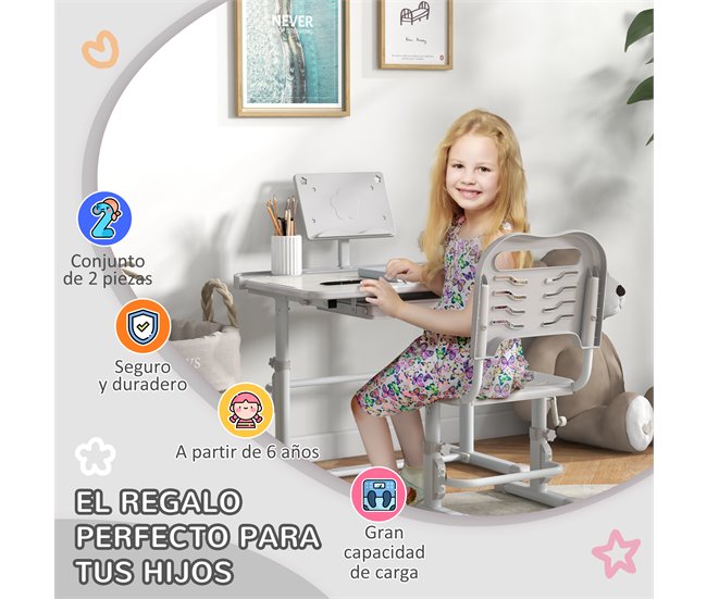 Pupitre Infantil PP, MDF, Acero ZONEKIZ 49x80 Gris