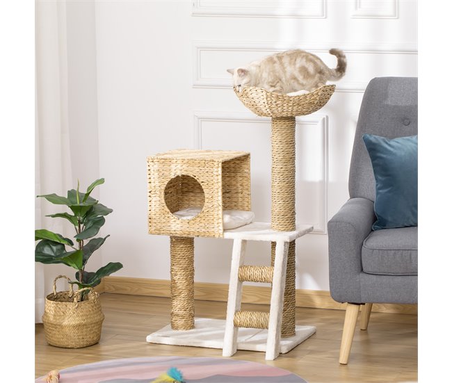 Árbol para Gatos Aglomerado de Madera, Totora, Poliéster PawHut Marron