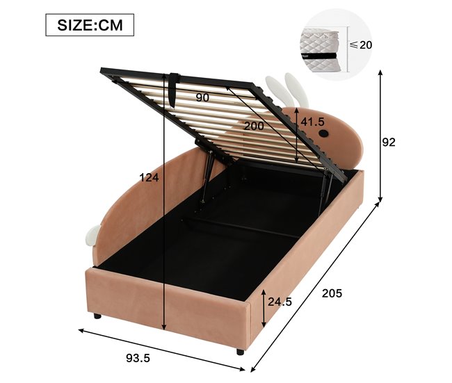 Cama con almacenaje de terciopelo Rosa