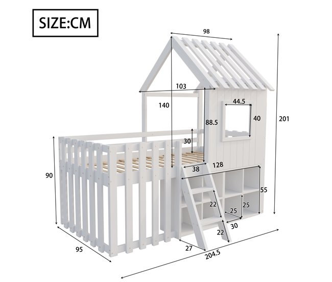 Cama alta para niños 95x204 Blanco