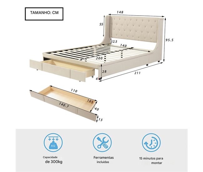Cama con cajones 200x140 Beige