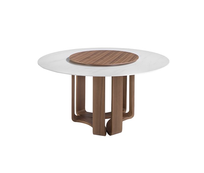 ANGEL CERDA Mesa comedor redonda mármol porcelánico y nogal 150x150 Natural/ Blanco