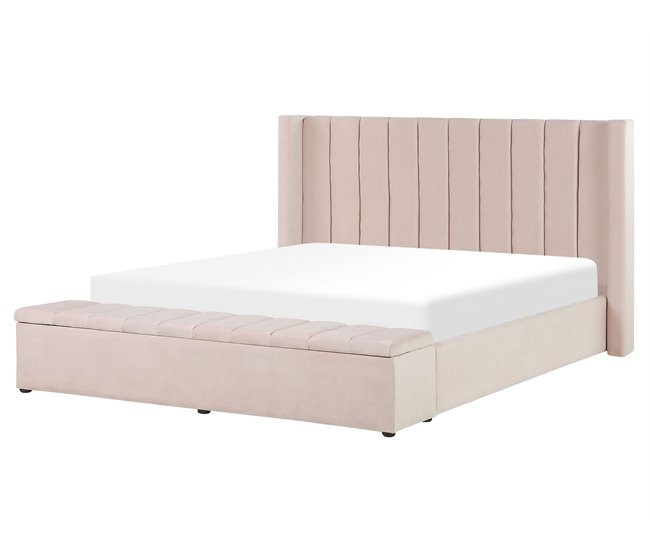 Beliani Cama con banco de almacenaje Terciopelo NOYERS 190x247 Azul Marino