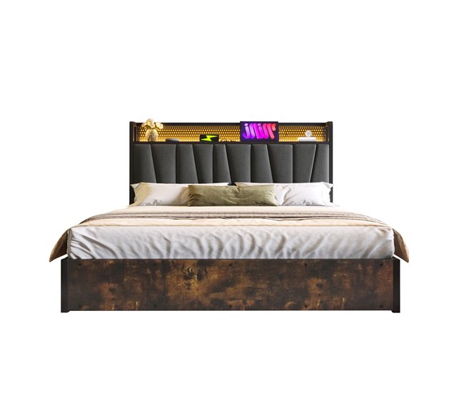 Cama de matrimonio de lino con almacenaje 166x222 Gris