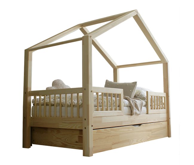 Cama con barandilla somier y cajón Iris Madera