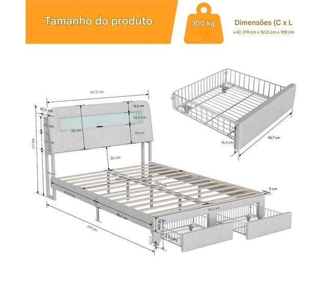 Cama con luces LED, puertos USB, puerto Tipo-C y cajones Beige