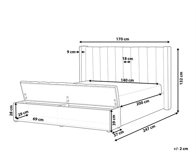 Beliani Cama con banco de almacenaje Terciopelo NOYERS 170x247 Gris
