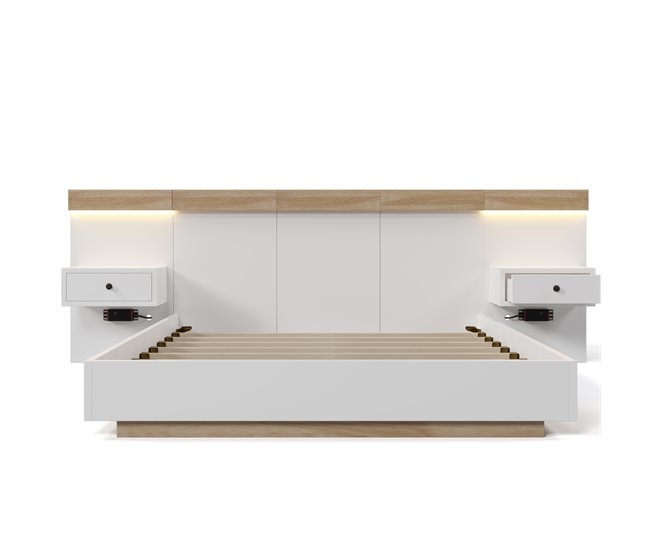 Conforama Cama para adultos 160x200 cm con mesitas de noche colgantes + puertos LED y USB + somier - madera - blanco