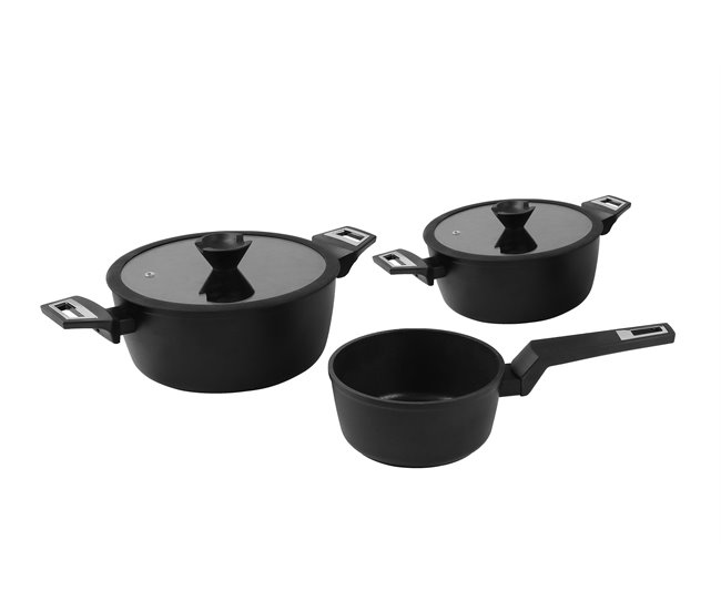 Set de 3 ollas de aluminio BLACK diámetro 28, 24 y 20cm marca FAR Negro