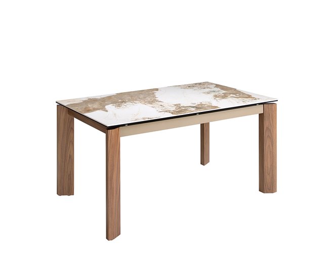 ANGEL CERDA Mesa comedor extensible rectangular mármol porcelánico y nogal 200x90 Natural/ Blanco