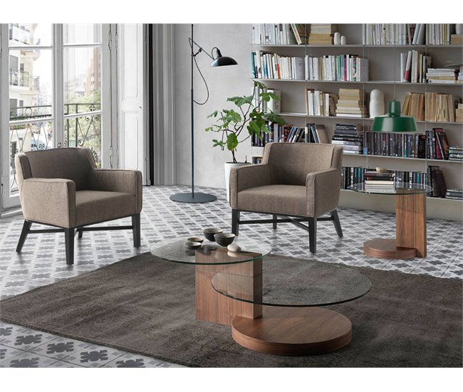 Mesa rincón redonda cristal templado y nogal Transparente