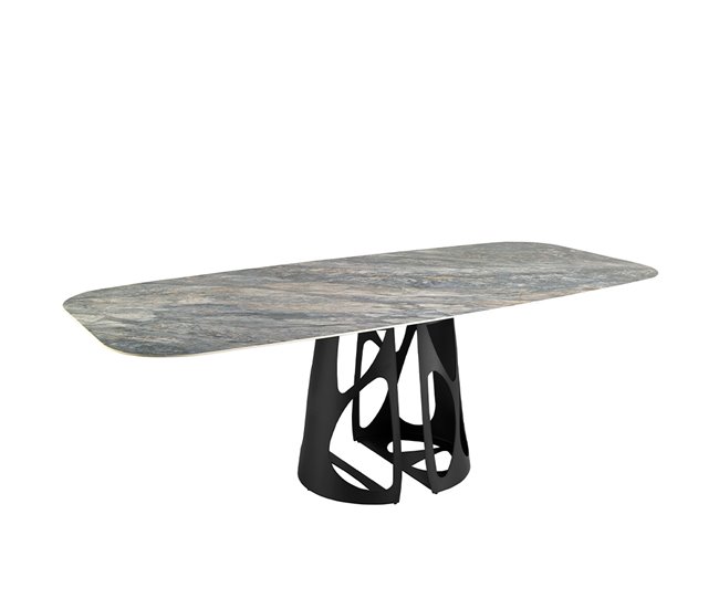 ANGEL CERDA Mesa comedor ovalada barril mármol porcelánico y acero negro 238x110 Azul/ Negro