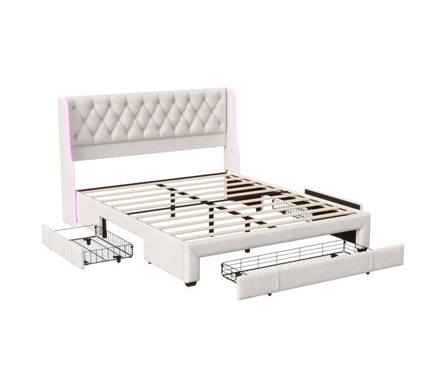 Cama, cajón, cama con canapé, LED, cama funcional Beige