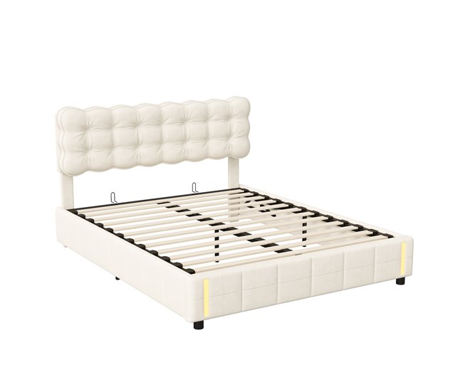 Cama contenedor acolchado, somier LED, láminas Beige