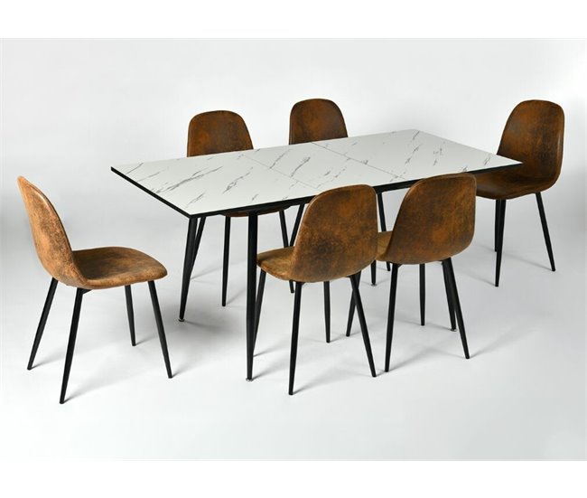 Conjunto de mesa extensible efecto mármol y 6 sillas Marron