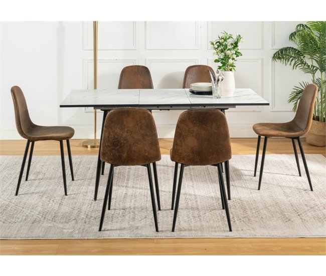 Conjunto de mesa extensible efecto mármol y 6 sillas Marron