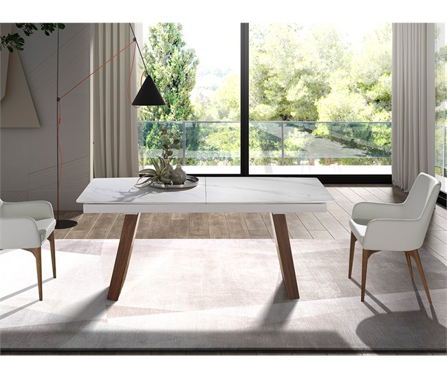 ANGEL CERDA Mesa comedor extensible ovalada barril mármol porcelánico y nogal 230x90 Nogal