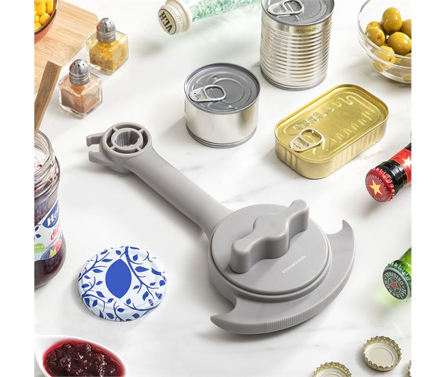 Abrebotes Regulable Multifunción de Tarros, Latas y Botellas Gris