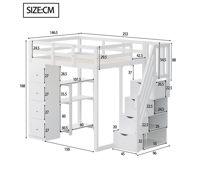 Cama alta para niños 146x253 Blanco