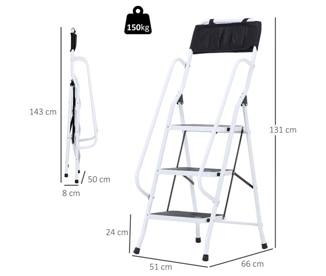 Escalera Plegable Metal, Acero HOMCOM Blanco