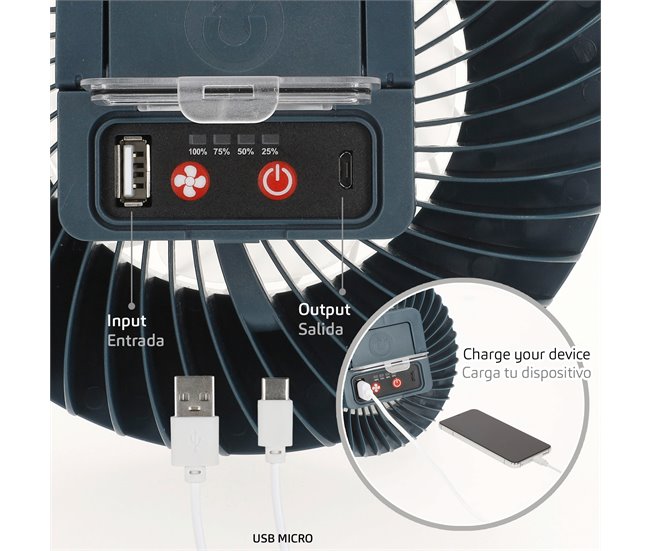 Aktive lámpara LED portátil recargable con ventilador y cargador USB Blanco