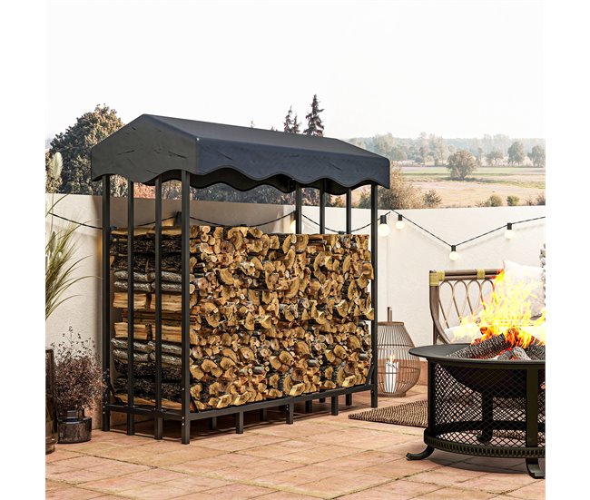 Estante para Leña Metal, Tela Oxford Outsunny Negro