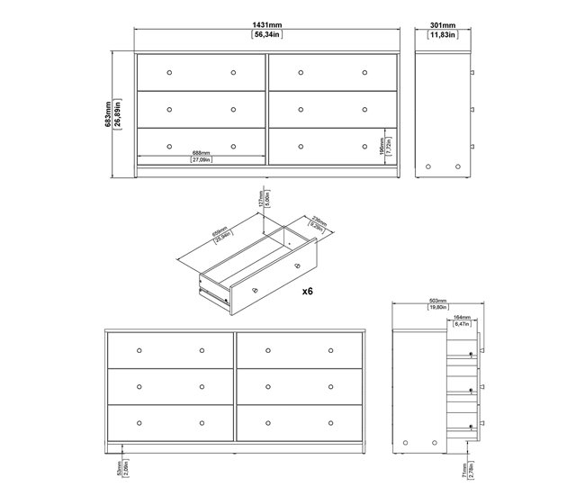 Aparador Doble Ebro con 6 cajones 38 Blanco