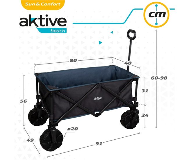 Carro plegable playa c/ruedas especial arena con carga 50 kg Aktive Negro