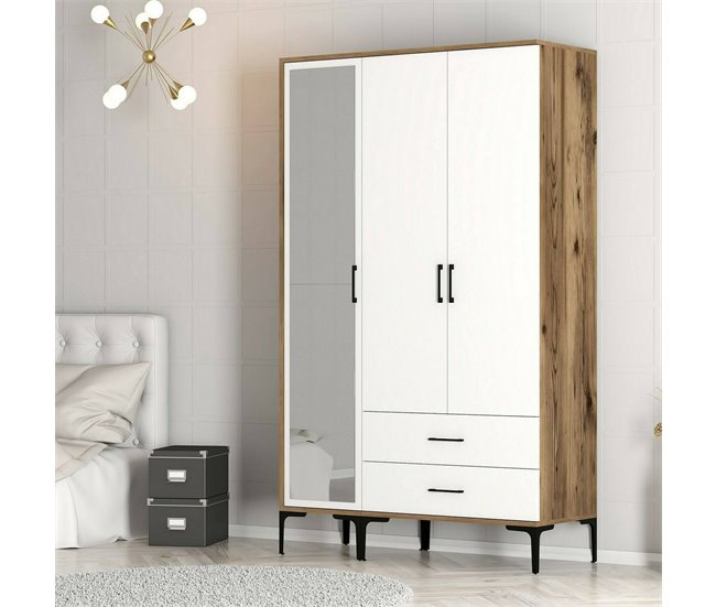Armário de 3 portas com efeito madeira 120 Blanco/ Madera