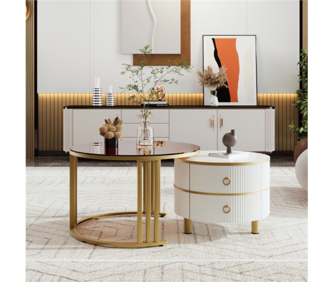 2 en 1, mesa de centro, mesa auxiliar, cajón 70x70 Blanco
