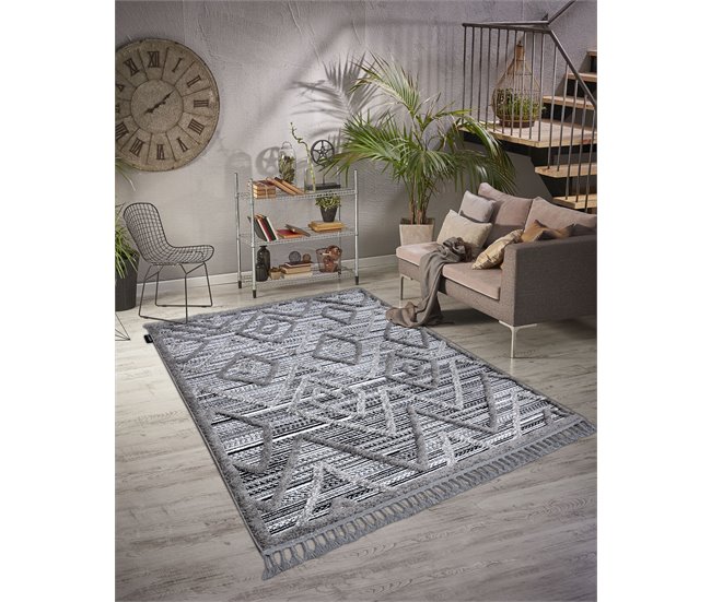 Alfombra MAROC P657 Diamantes Zigzag Étnico Franjas Bereber 180x270 Negro