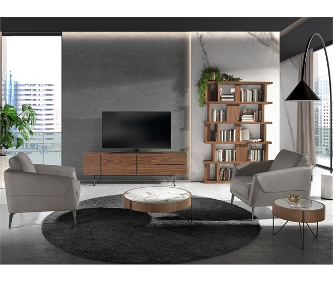 ANGEL CERDÁ Mesa rincón redonda mármol porcelánico Blanco/ Madera