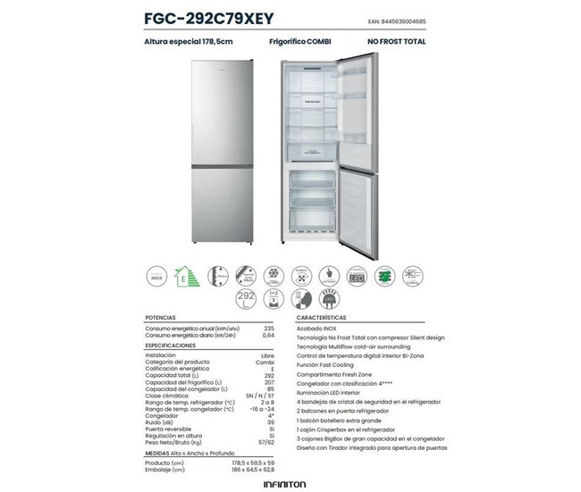 Frigorifico Combi Infiniton FGC-292C79XEY, 292 L Inox