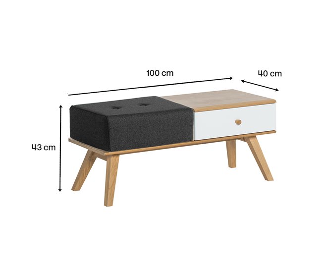 Banco con cajón y cojín 100x40 Natural/ Blanco