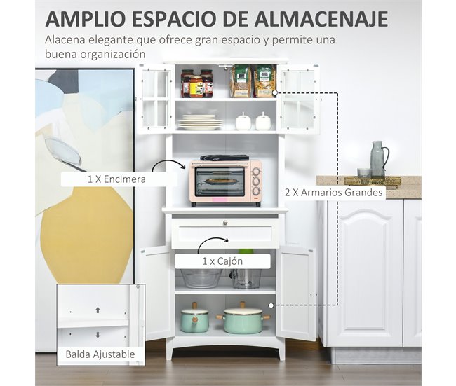 Alacena de Cocina MDF, Vidrio Templado HOMCOM, hogar - cocina 68 Blanco