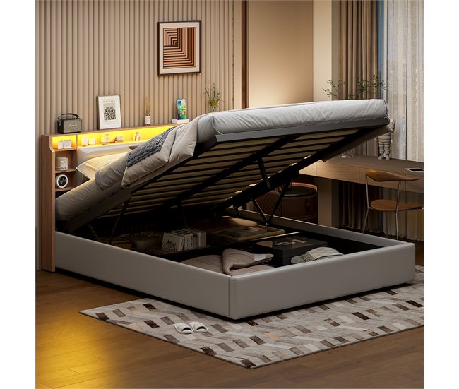 Cama tapizada doble juvenil con LED y almacenamiento hidráulico Blanco