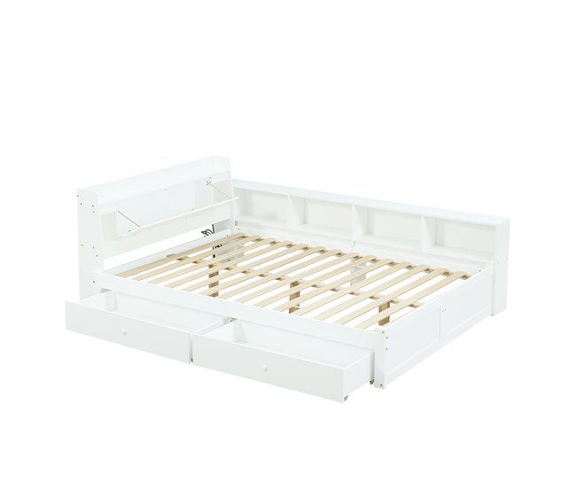 Cama juvenile de madera de pino con 2 cajónes 163x220 Blanco