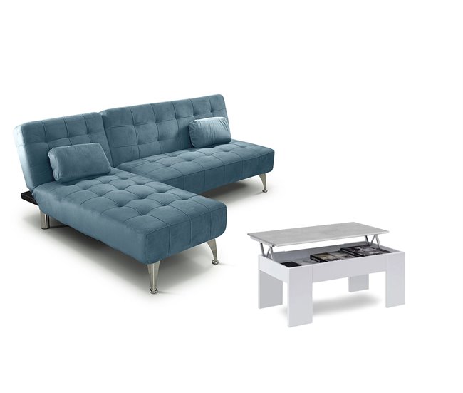 Oferta: Sofa Cama Chaise Longue XS + Mesa de Centro Elevable Azul