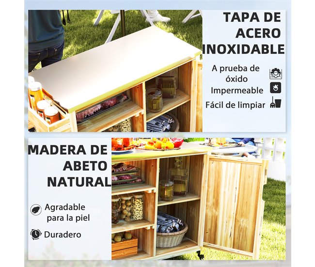 Carrito de Parrilla Acero, Madera de Abeto Outsunny Marron
