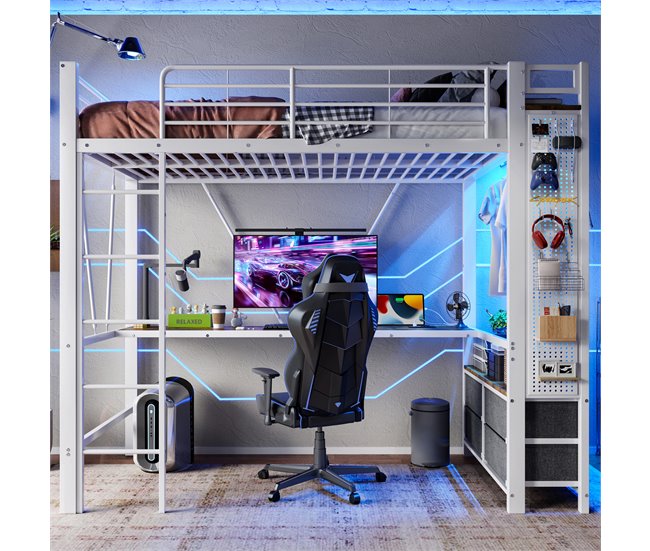 Cama alta para niños 95x227 Blanco/ Madera