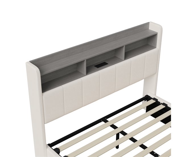 Cama, LED, USB, cama hidráulica, estructura de cama juvenil Beige