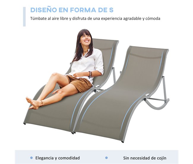 Set de 2 Tumbonas Plegables Aluminio, Texteline Outsunny Gris Claro