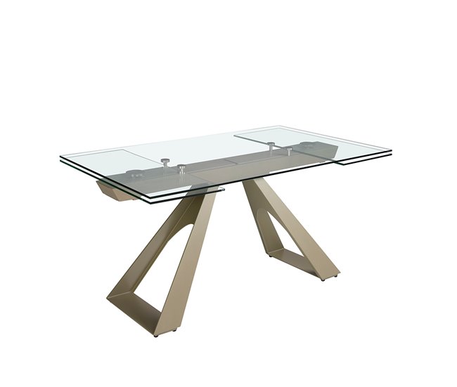 ANGEL CERDA Mesa comedor extensible rectangular cristal templado y acero gris taupé 240x100 Transparente