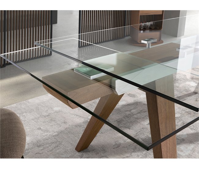 ANGEL CERDA Mesa comedor extensible rectangular cristal templado y nogal 270x100 Nogal