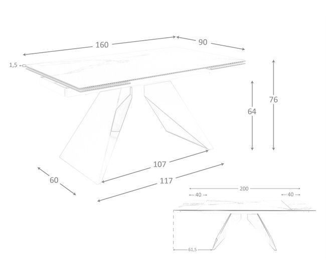 ANGEL CERDA Mesa comedor extensible rectangular mármol porcelánico y acero cromado 240x90 Blanco/ Gris