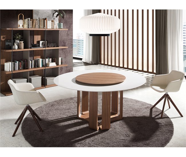 ANGEL CERDA Mesa comedor redonda mármol porcelánico y nogal 150x150 Natural/ Blanco