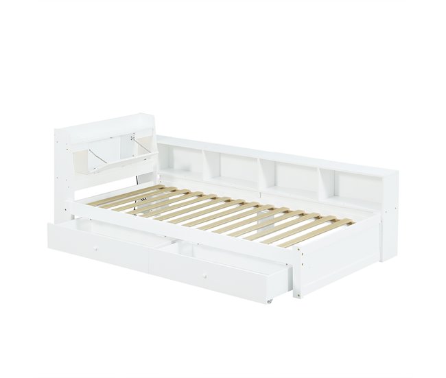 Cama juvenile de madera de pino con 2 cajónes 113x220 Blanco